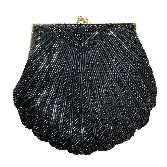 Carla Marchi Black Beaded Clamshell Clutch Handbag Evening Bag Vintage - Picture 2 of 8